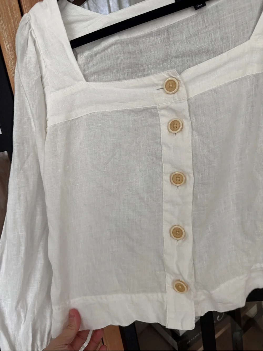 J. Crew linen top Squareneck button-up blouse puff long sleeve neutral